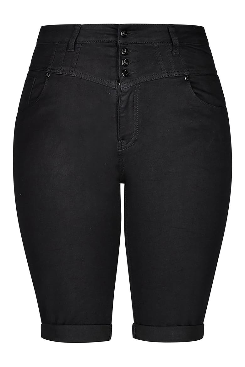 High Waist Cuffed Denim Bermuda Shorts, Alternate, color, BLACK