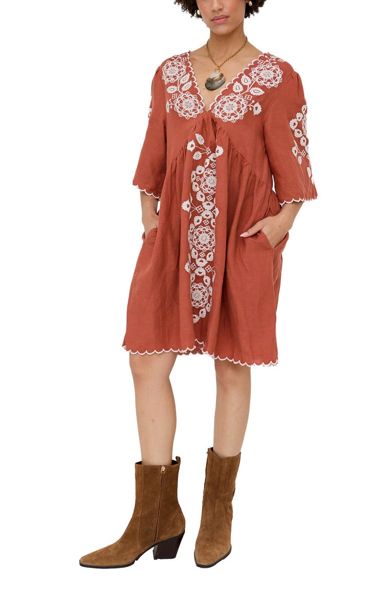 Raffya Arabella V- Neck Embroidered Mini Dress, Main, color, Rust