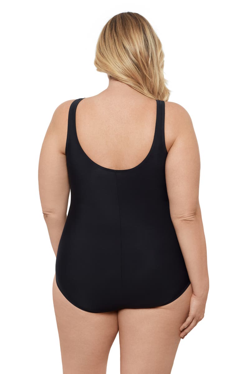 Aqua Green Plus Size Cinch V-neck Side Shirred One-Piece Swimsuit, Alternate, color, Black