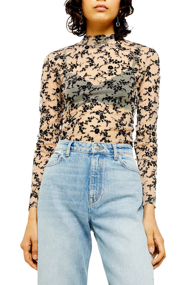 Floral Flock Mesh Mock Neck Top, Main, color, PINK MULTI
