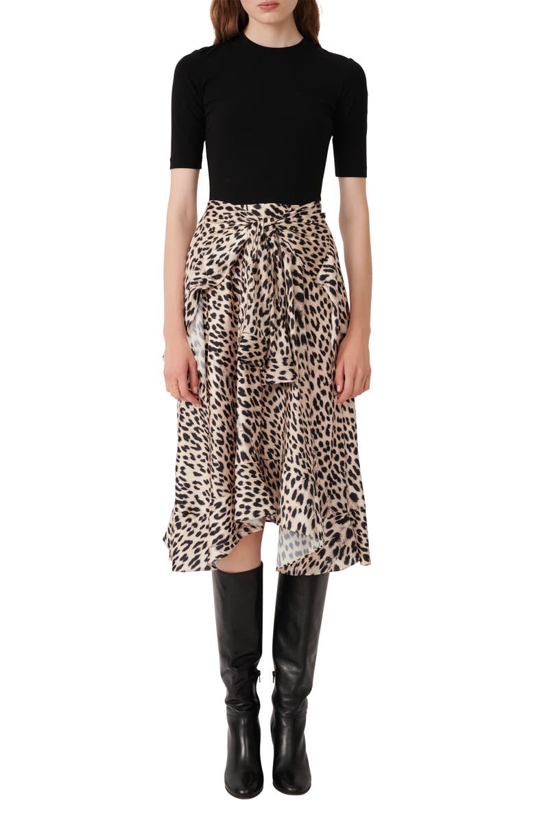 maje Trompe l'Oeil Print Jersey & Satin Dress, Main, color, 