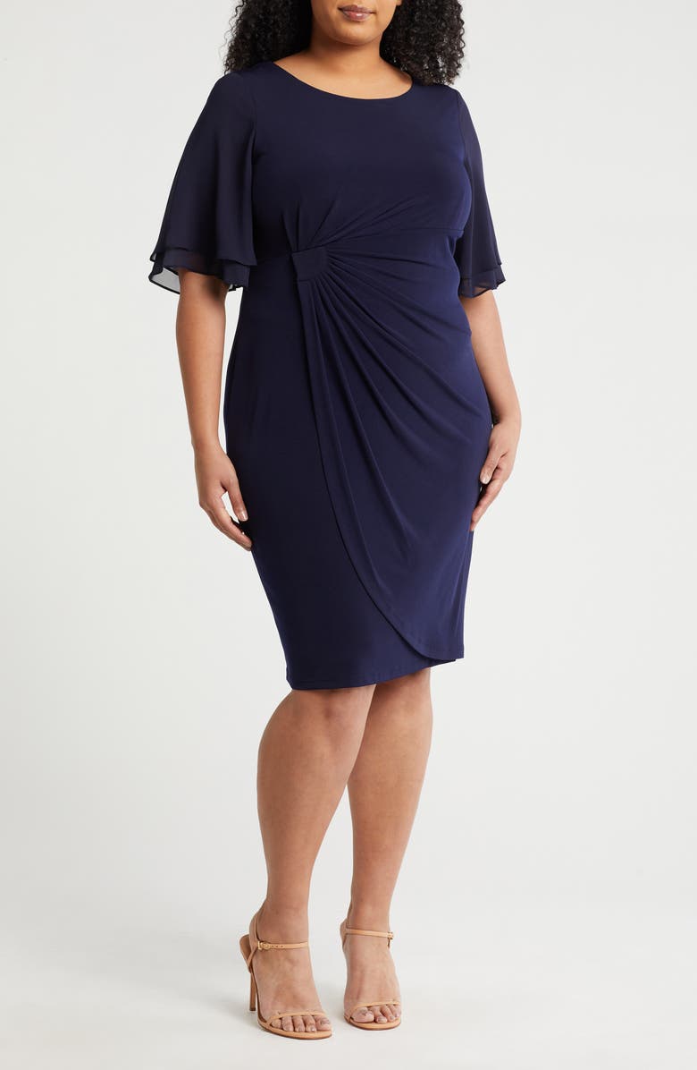 Connected Apparel Double Flutter Sleeve Faux Wrap Dress, Main, color, 