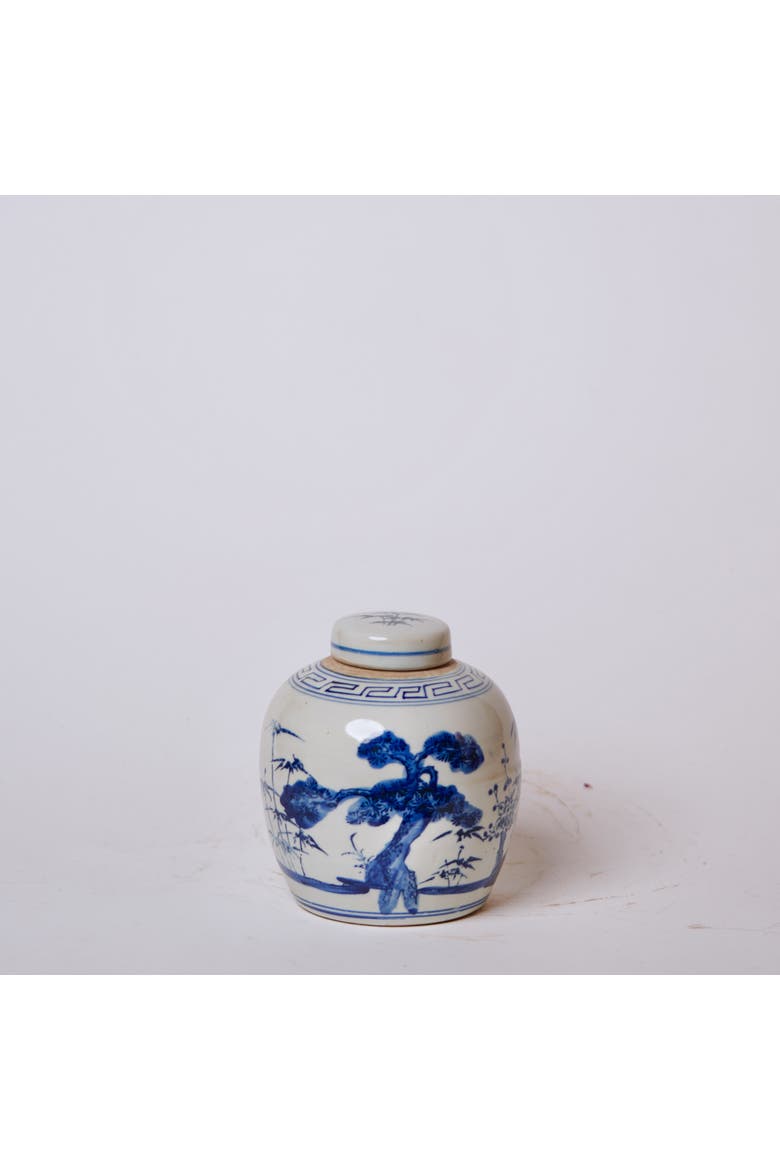 Porcelain Three Friends Round Storage Jar, Main, color, Blue + White