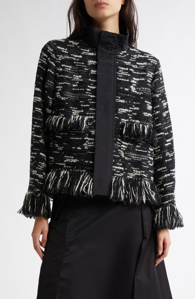 Sacai Mixed Media Fringe Wool Blend Tweed Jacket, Main, color,