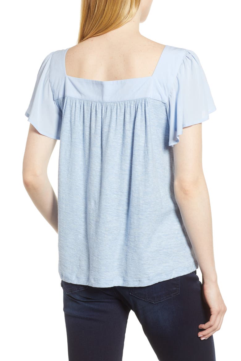 Ruffle Sleeve Mix Media Cotton Blend Blouse, Alternate, color, LIGHT CHAMBRAY HEATHER