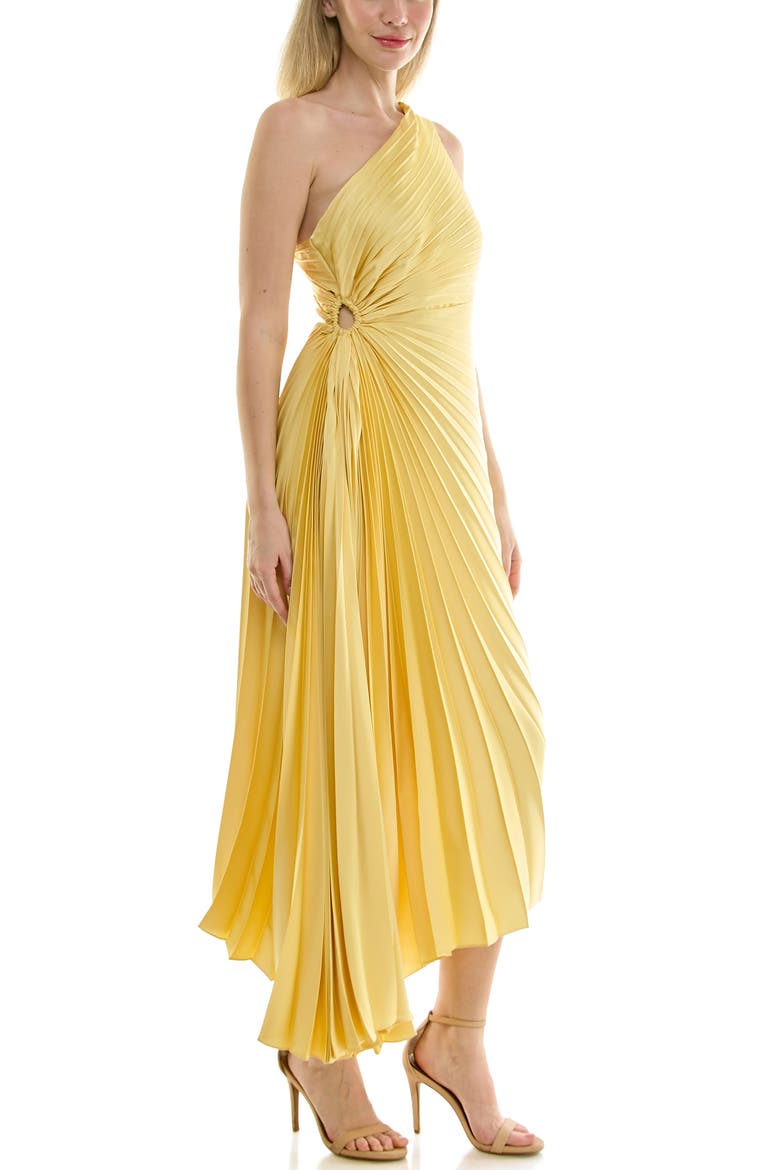 Pleated One-Shoulder Satin Dress, Alternate, color, POPCORN