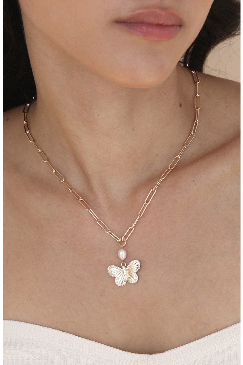 Butterlfy & Freshwater Pearl Pendant Necklace, Alternate, color, GOLD
