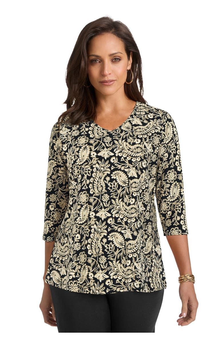 Jessica London Stretch Cotton V-Neck Tee, Main, color, Black Bold Paisley