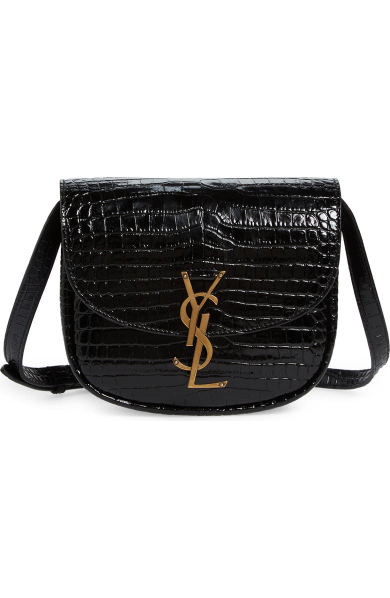 Saint Laurent Kaia Croc Embossed Leather Crossbody Bag, Main, color,
