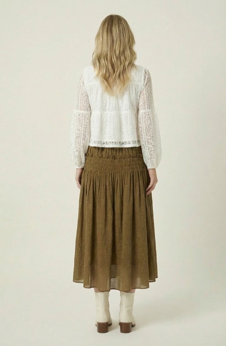 Modenaire Smocked Tiered Ruffle-Trim Flowy Maxi Skirt, Alternate, color, Olive Green