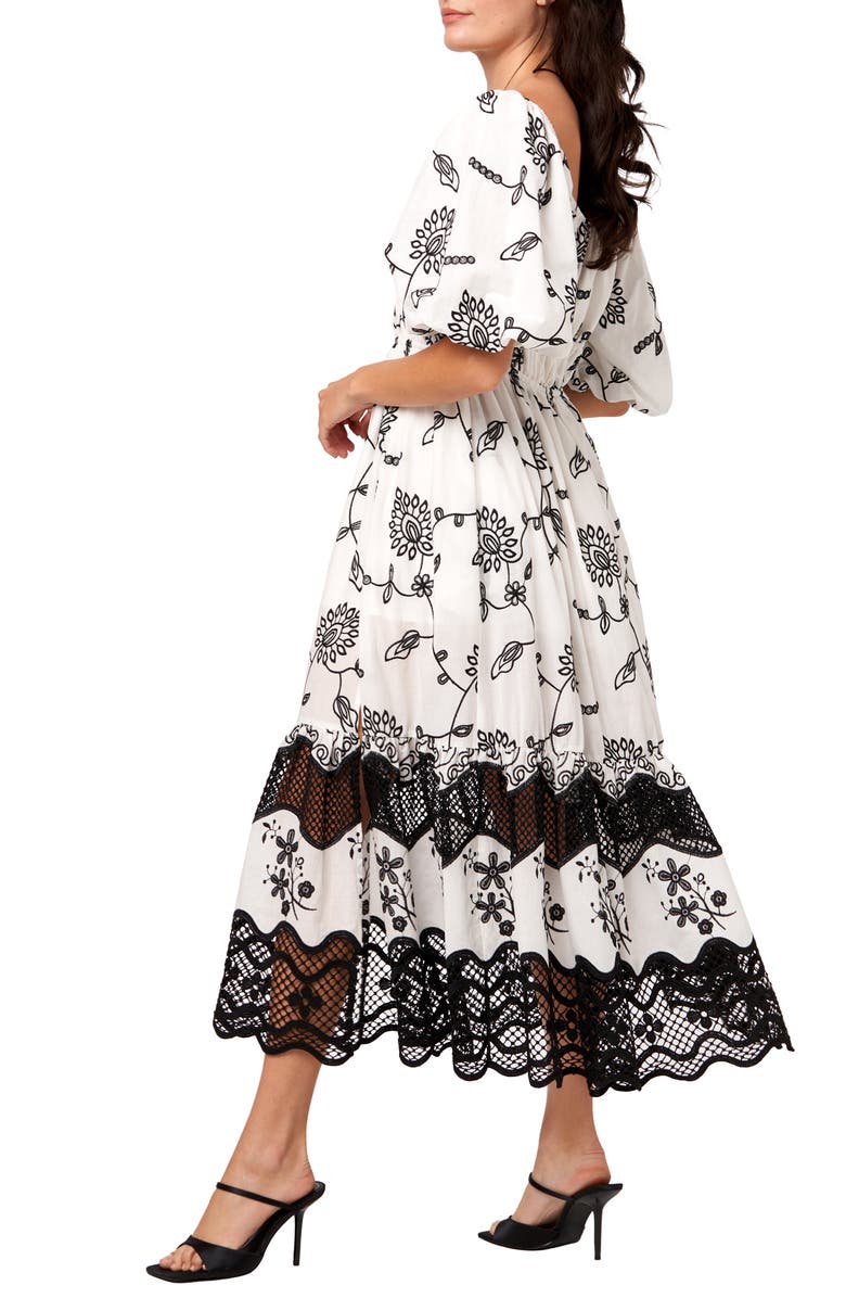 CIEBON Serbita Embroidered Floral Puff Sleeve Cotton Dress, Alternate, color, White/Black