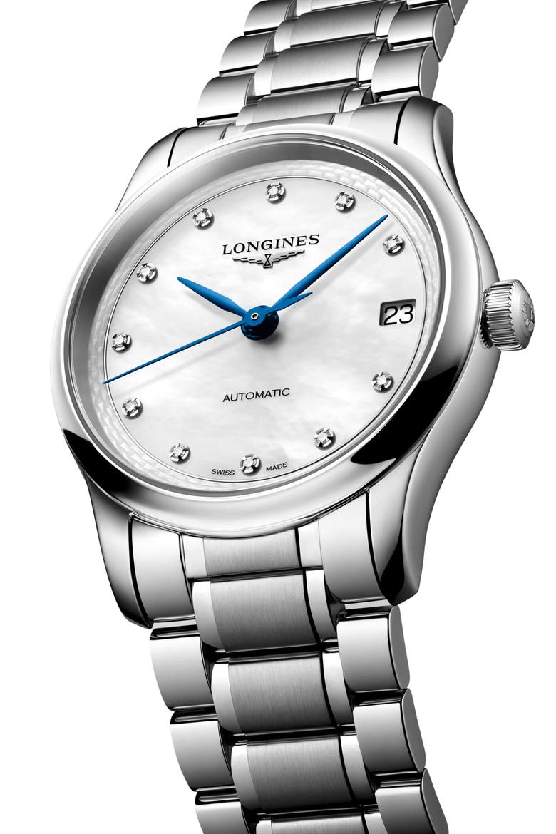 Master Collection Mother-of-Pearl & Diamond Automatic Bracelet Watch, 34mm, Main, color, WHITE MOTHER OF PEARL