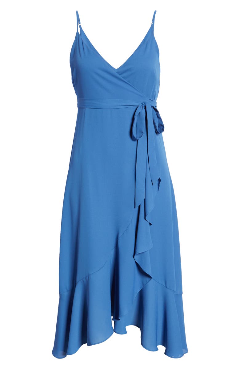 Lulus Manhattan Moment Ruffle Midi Wrap Dress, Alternate, color, 