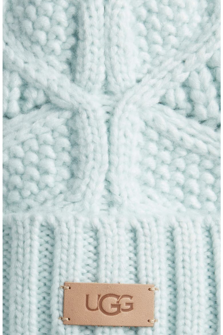 Faux Fur Pompom Cable Knit Beanie, Alternate, color, FOUNTAIN