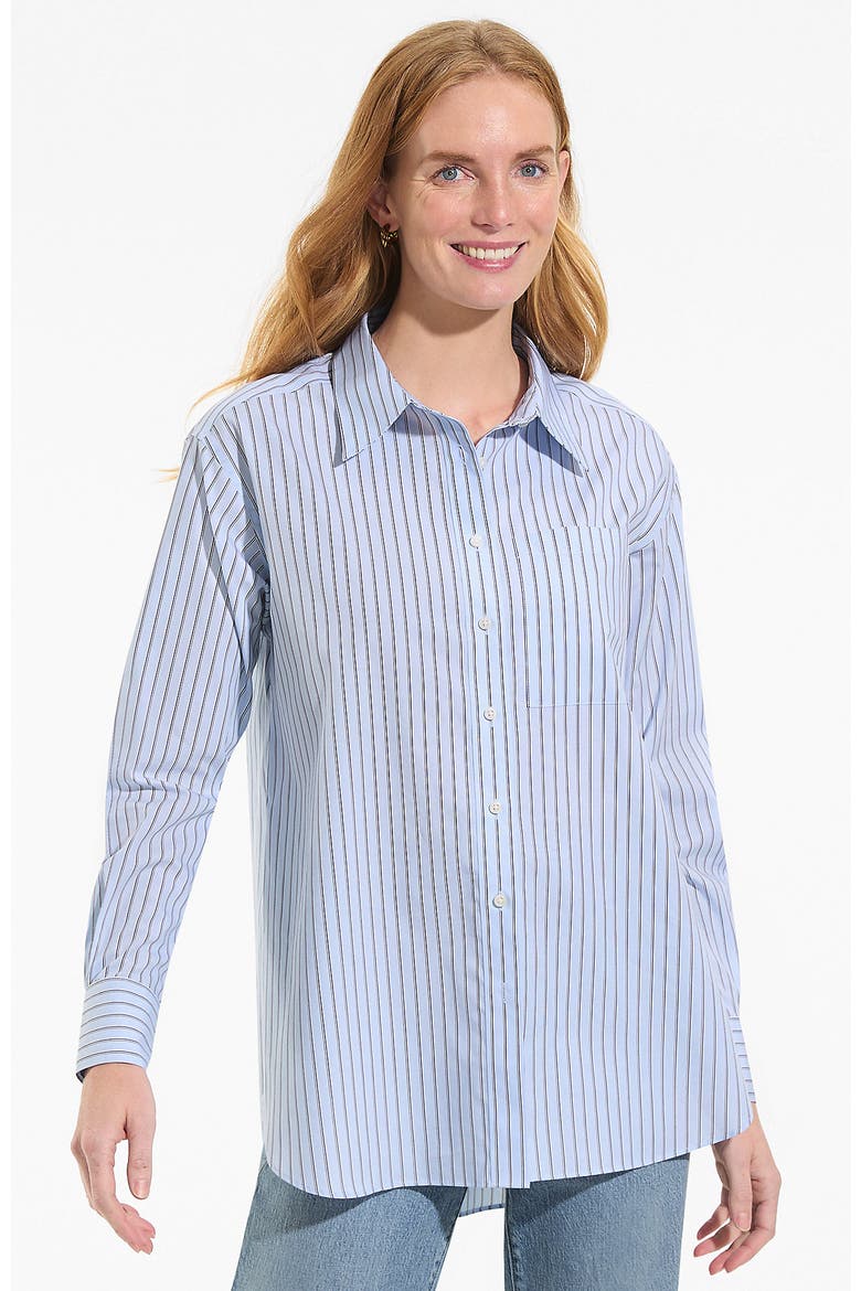 No Iron Oversized Poplin Extra Long Tunic, Main, color, Misty Blue/Deep Sea Stripes