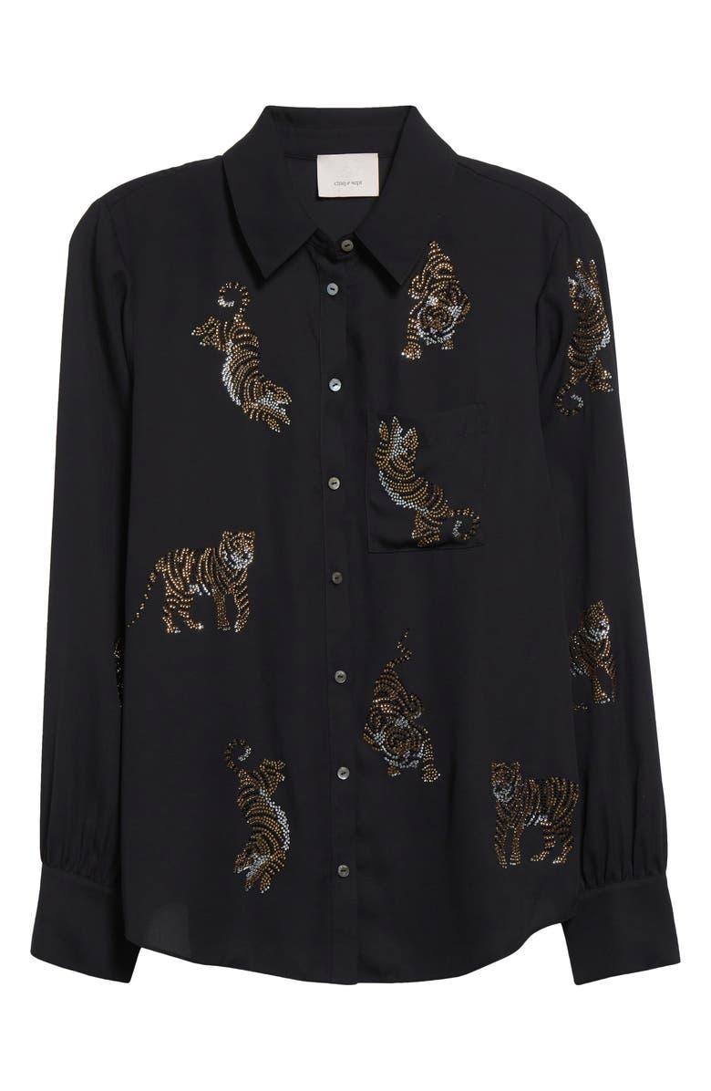 Cinq à Sept Blanche Beaded Tiger Detail Satin Button-Up Shirt, Alternate, color,