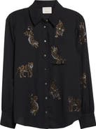 Cinq à Sept Blanche Beaded Tiger Detail Satin Button-Up Shirt