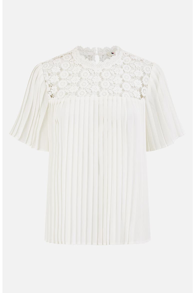 Lace Panel Pleated Short Sleeve Top, Alternate, color, White