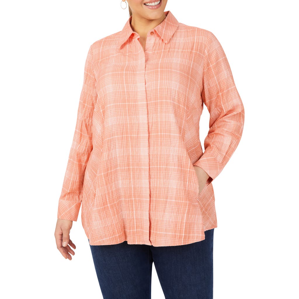 Foxcroft Cici Plaid Non-iron Button-up Tunic Shirt In Pumpkin Spice