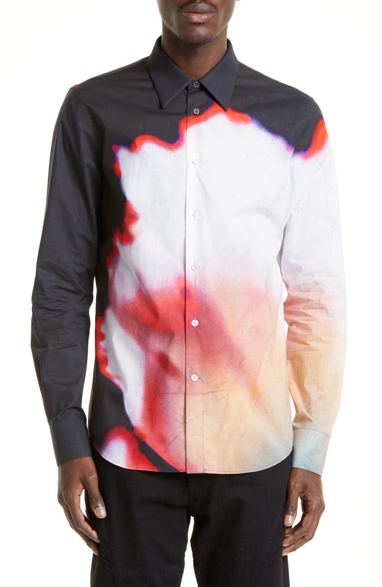 McQueen Solarised Flower Cotton Button-Up Shirt, Main, color, 