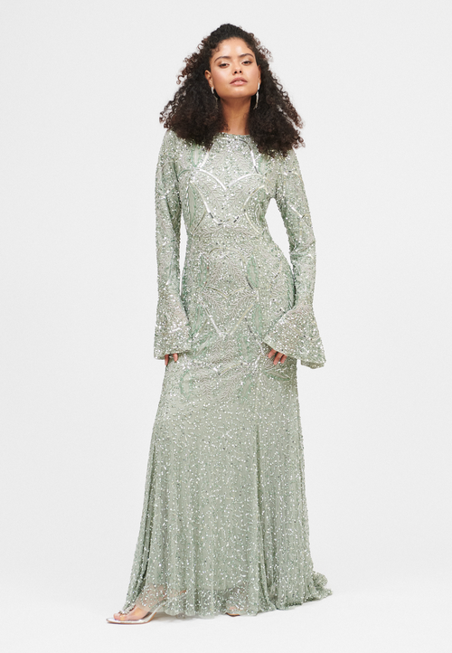 Maryisa Embellished Sequin Beaded Cape Sleeves Maxi Dress In Sage Green