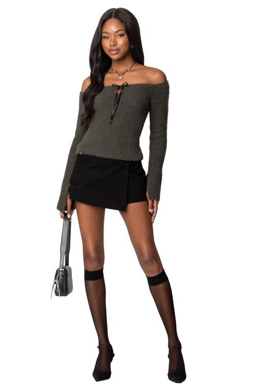 Edikted Off The Shoulder Long Sleeve Knit Shirt In Gray