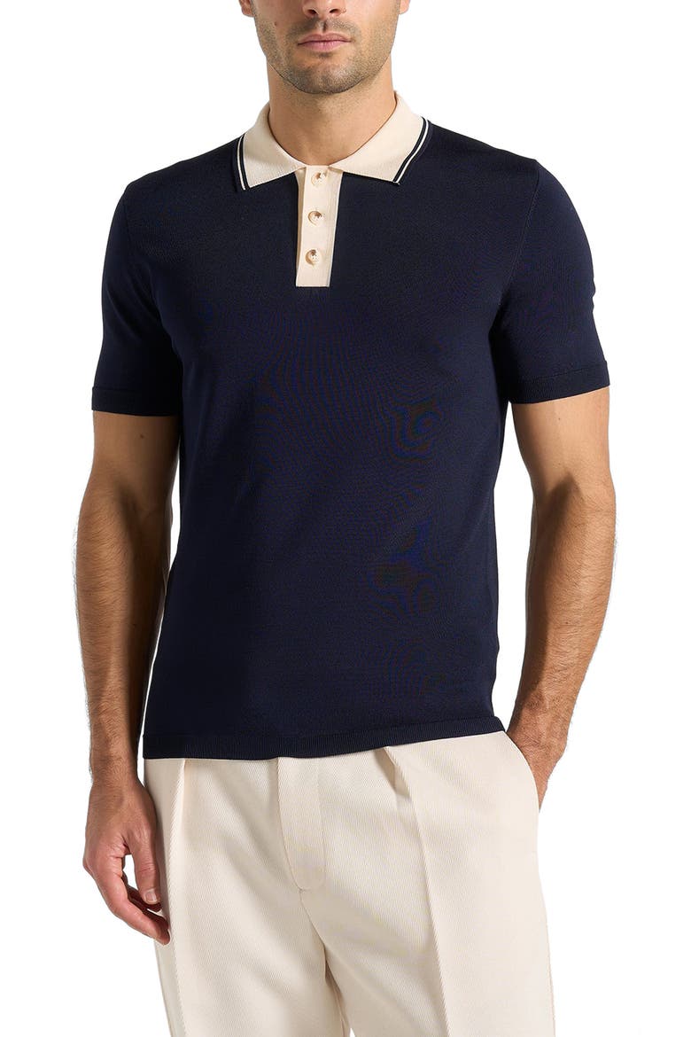 Roux Contrast Detail Luxe Knit Polo Shirt, Alternate, color, Navy
