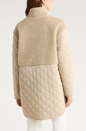 Faux Shearling Trim Quilted Long Jacket