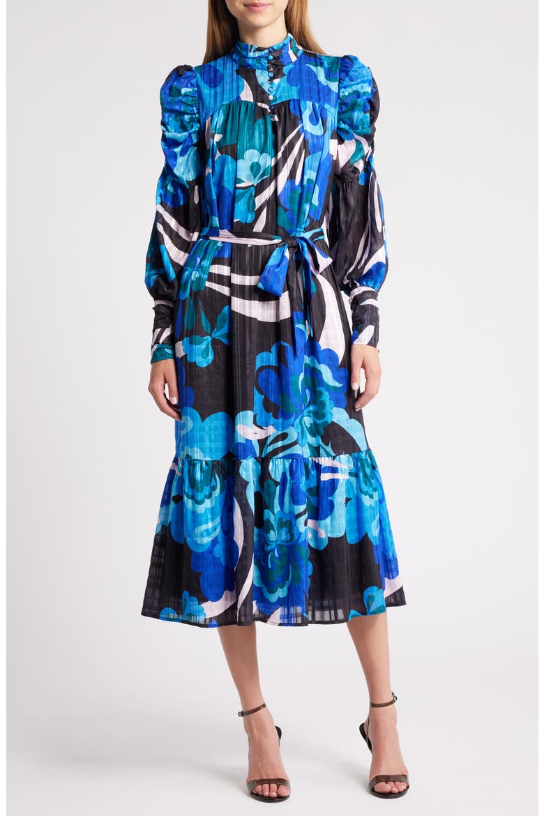 Adele Floral Print Long Sleeve Midi Dress, Main, color, BLUE MULTI