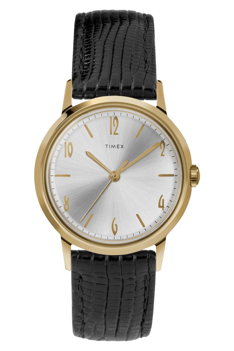 Marlin Leather Strap Watch, 34mm, Main, color, BLACK/ SILVER SUNRAY/ GOLD