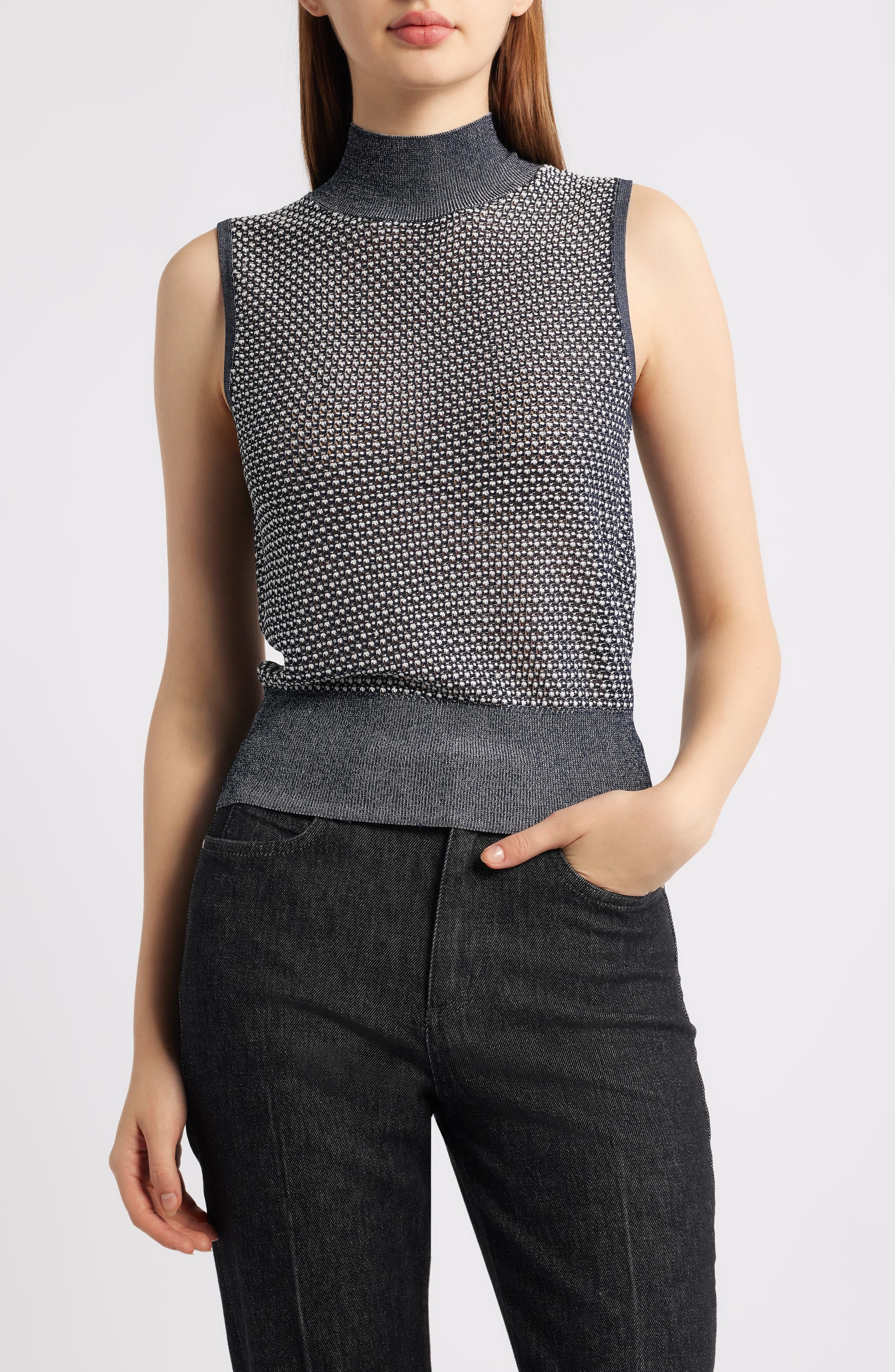 BOSS Fonari Open Stitch Sleeveless Mock Neck Sweater