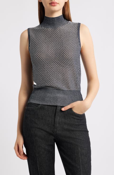 Fonari Open Stitch Sleeveless Mock Neck Sweater