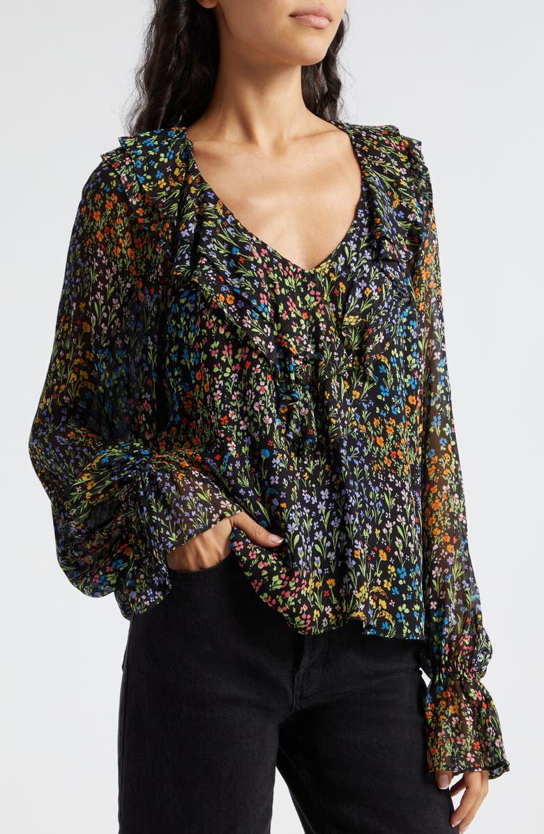 Ramy Brook Kendra Floral Print Ruffle Top, Alternate, color, Black Garden Ditsy Print