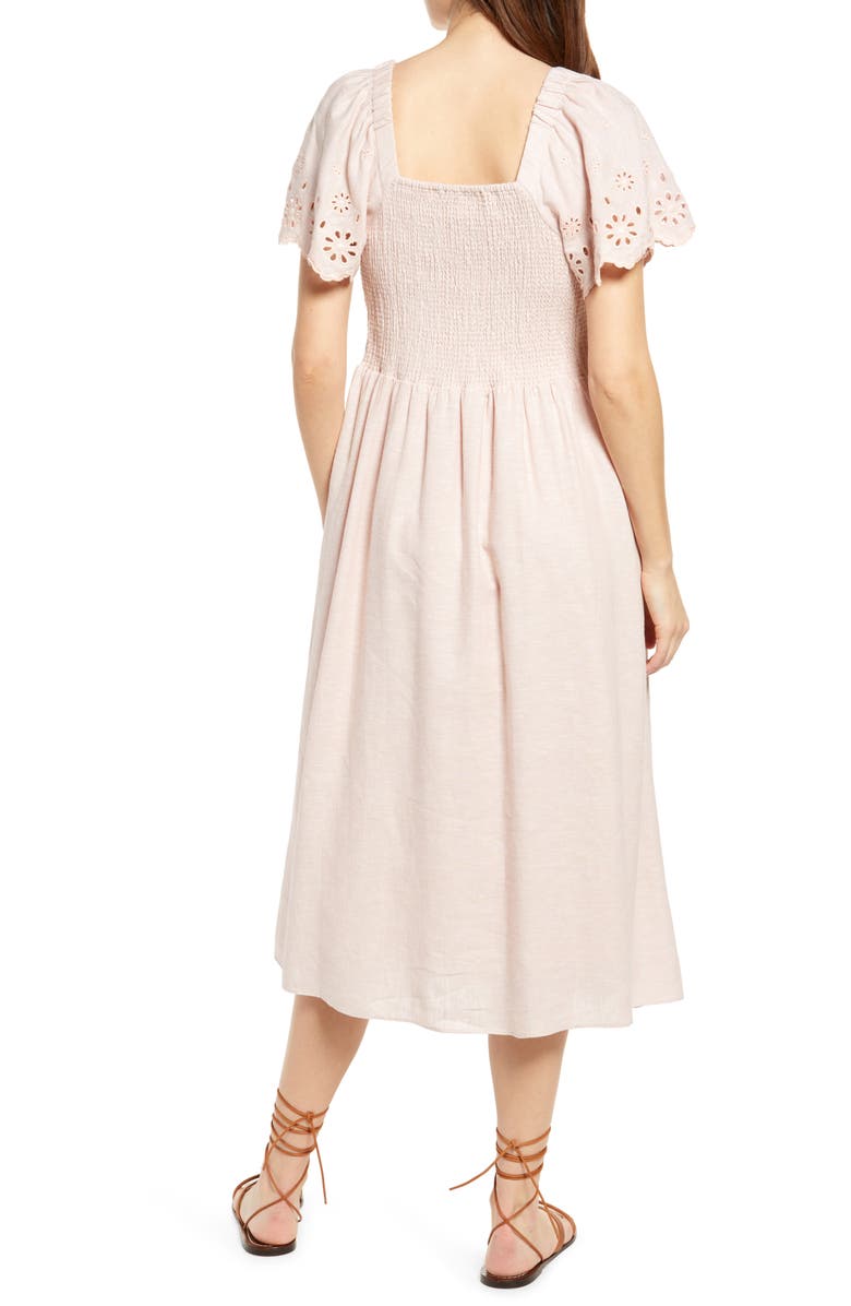 Madewell Lucie Eyelet Sleeve Smocked Linen Blend Midi Dress, Alternate, color, Wisteria Dove