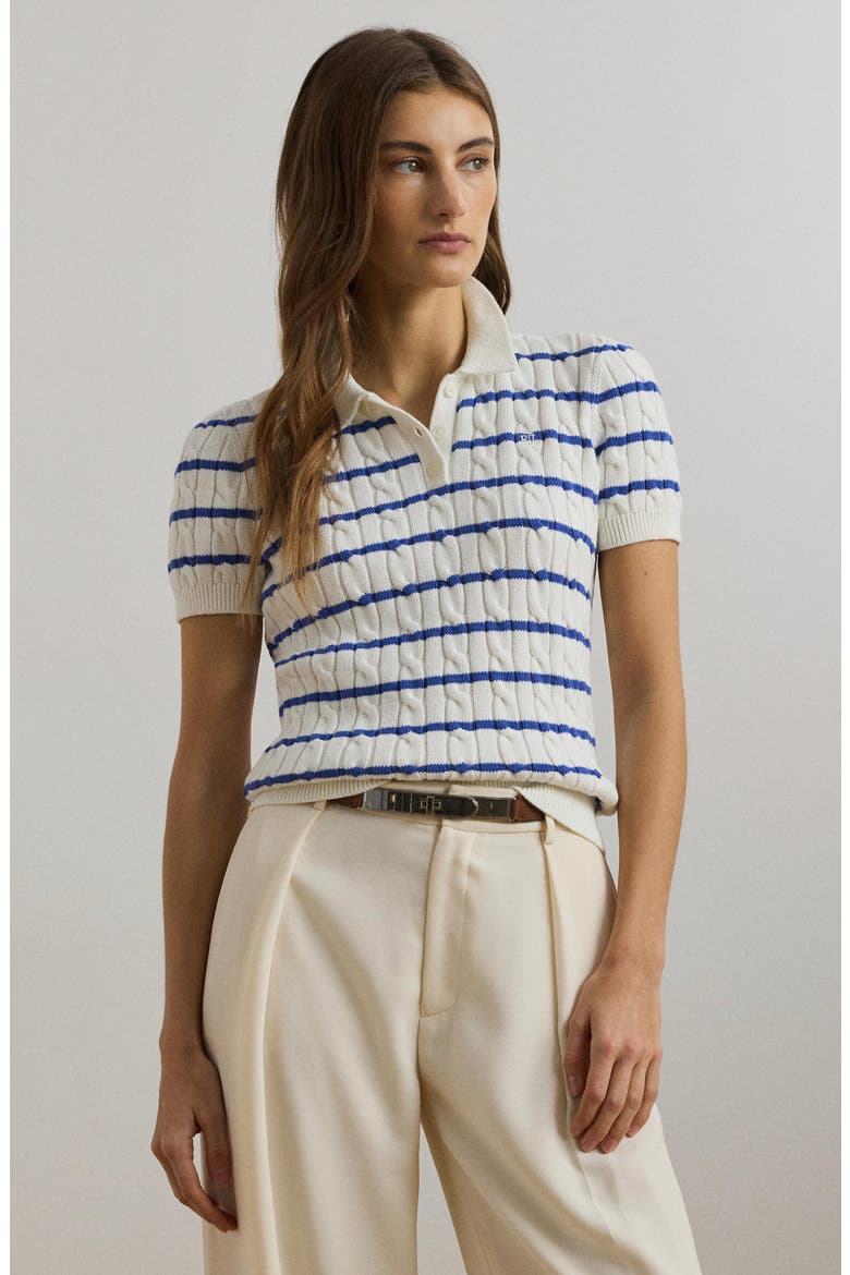 Striped Cable Knit Cotton Polo Sweater, Alternate, color, WHITE/ BLUE LAPIS