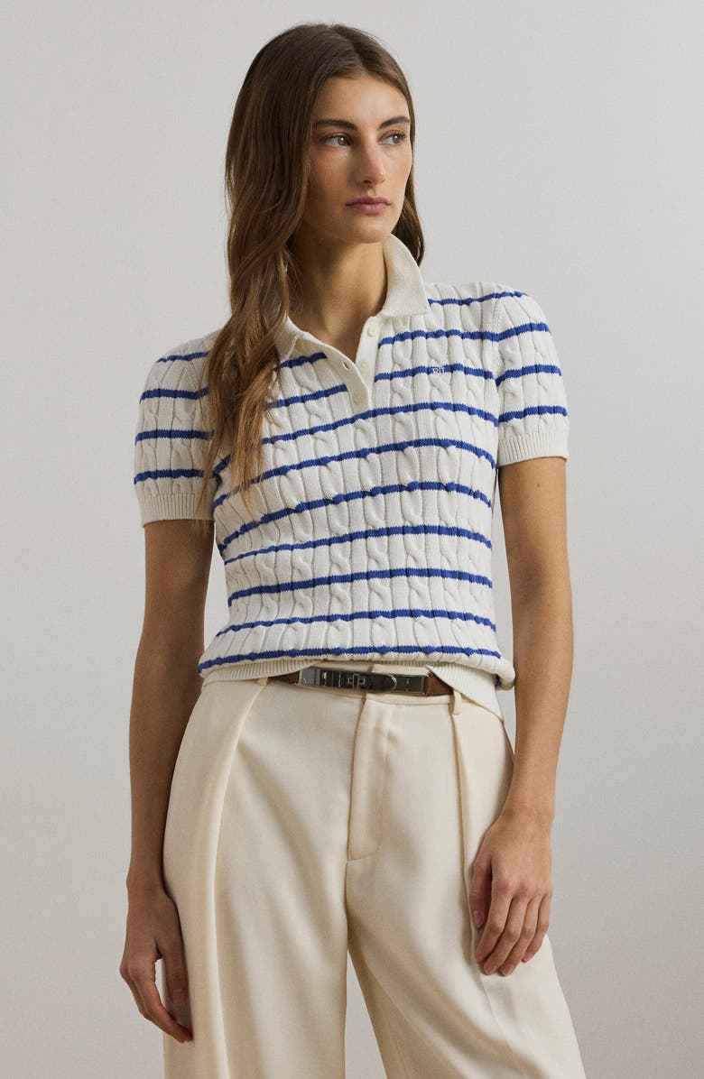 Lauren Ralph Lauren Striped Cable Knit Cotton Polo Sweater, Alternate, color, 