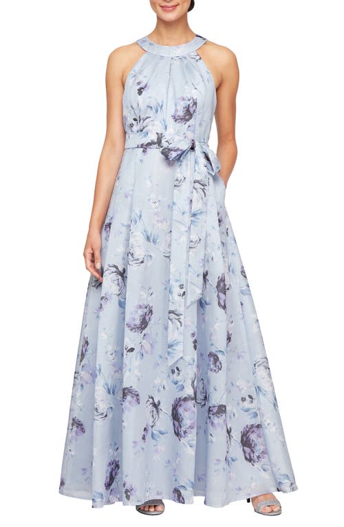 Alex Evenings Petite Printed Organza Halter Dress In Purple Multi