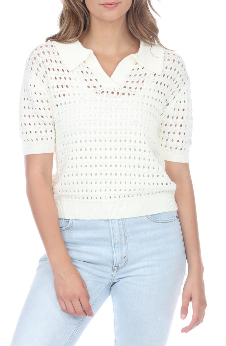 RAIN AND ROSE Open Stitch Sweater Polo, Main, color, White