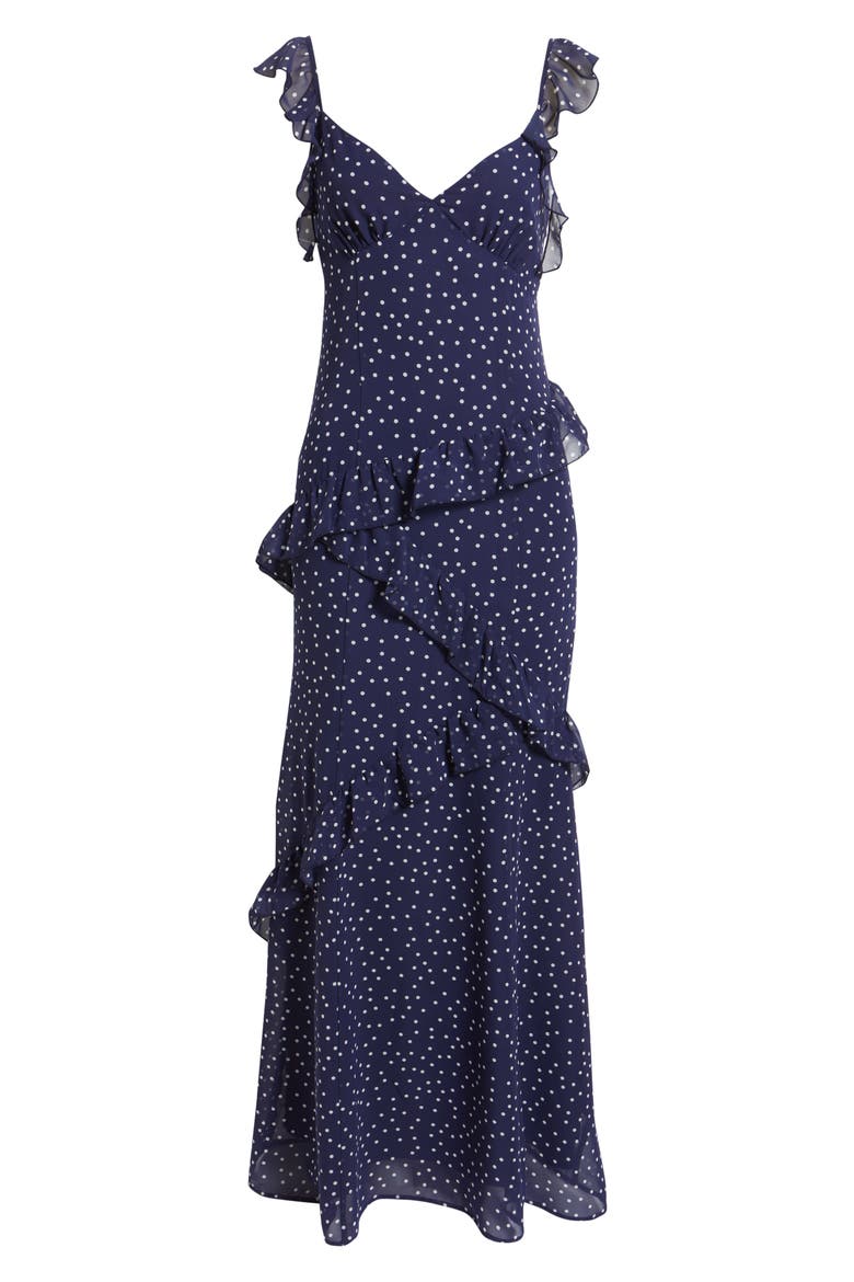 Asymmetric Ruffle Tiered Maxi Dress, Alternate, color, NAVY- WHITE MYLA DOT