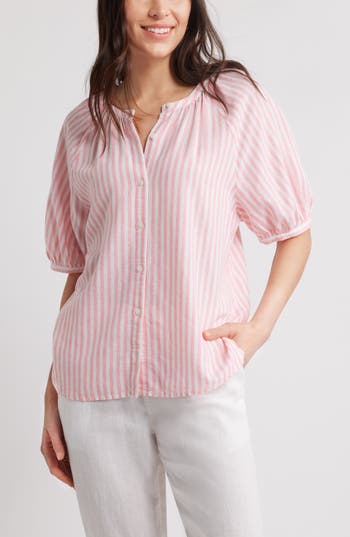 Caslon ® Stripe Linen Blend Puff Sleeve Top In Pink