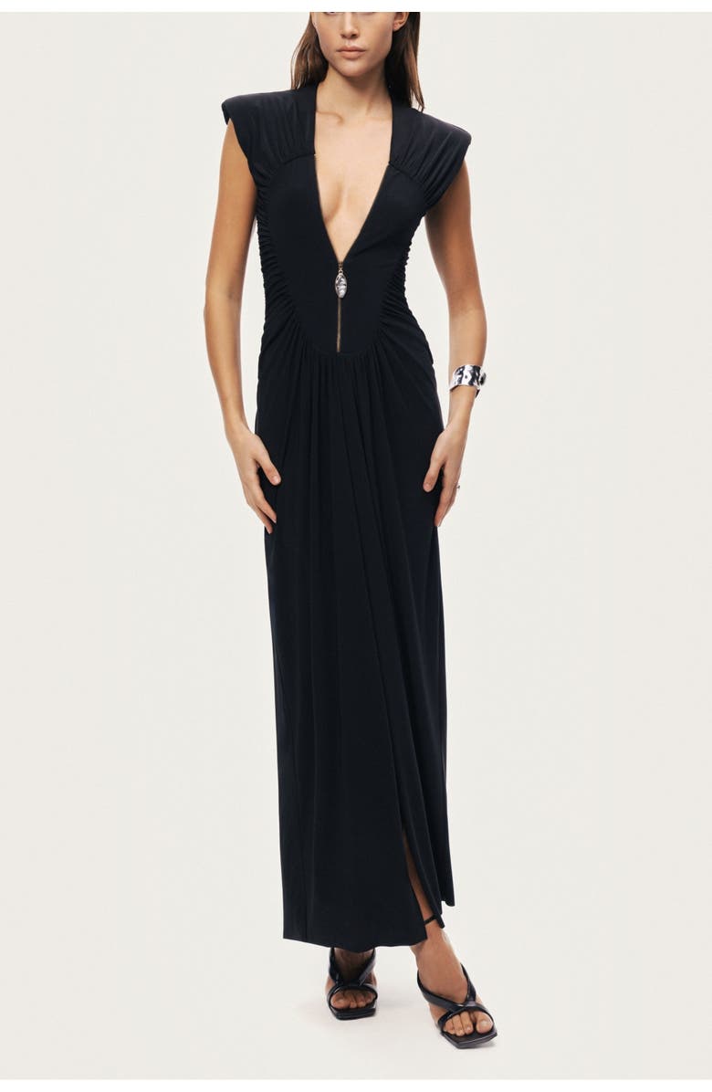 Nocturne Ruched Deep V-Neck Maxi Dress, Main, color, Black