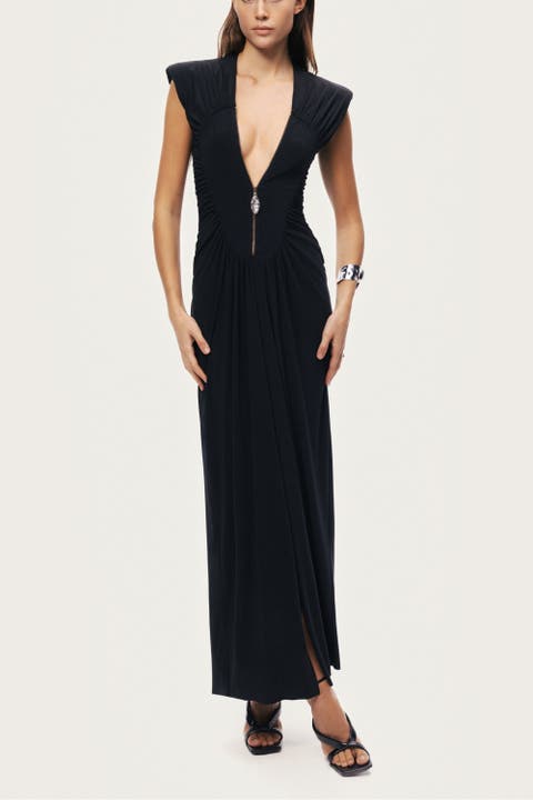 Ruched Deep V-Neck Maxi Dress