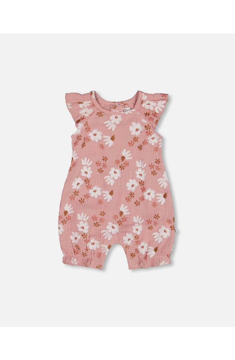 Deux par Deux Baby Girl's Printed Muslin Romper Pink And White Flowers, Main, color, 