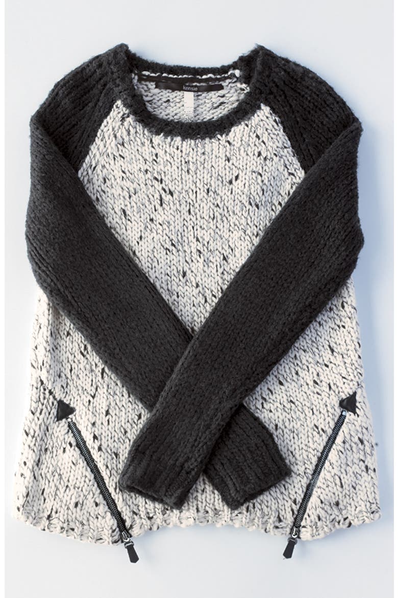 Zip Detail Mix Knit Sweater, Alternate, color, WHITE MULTI COMBO