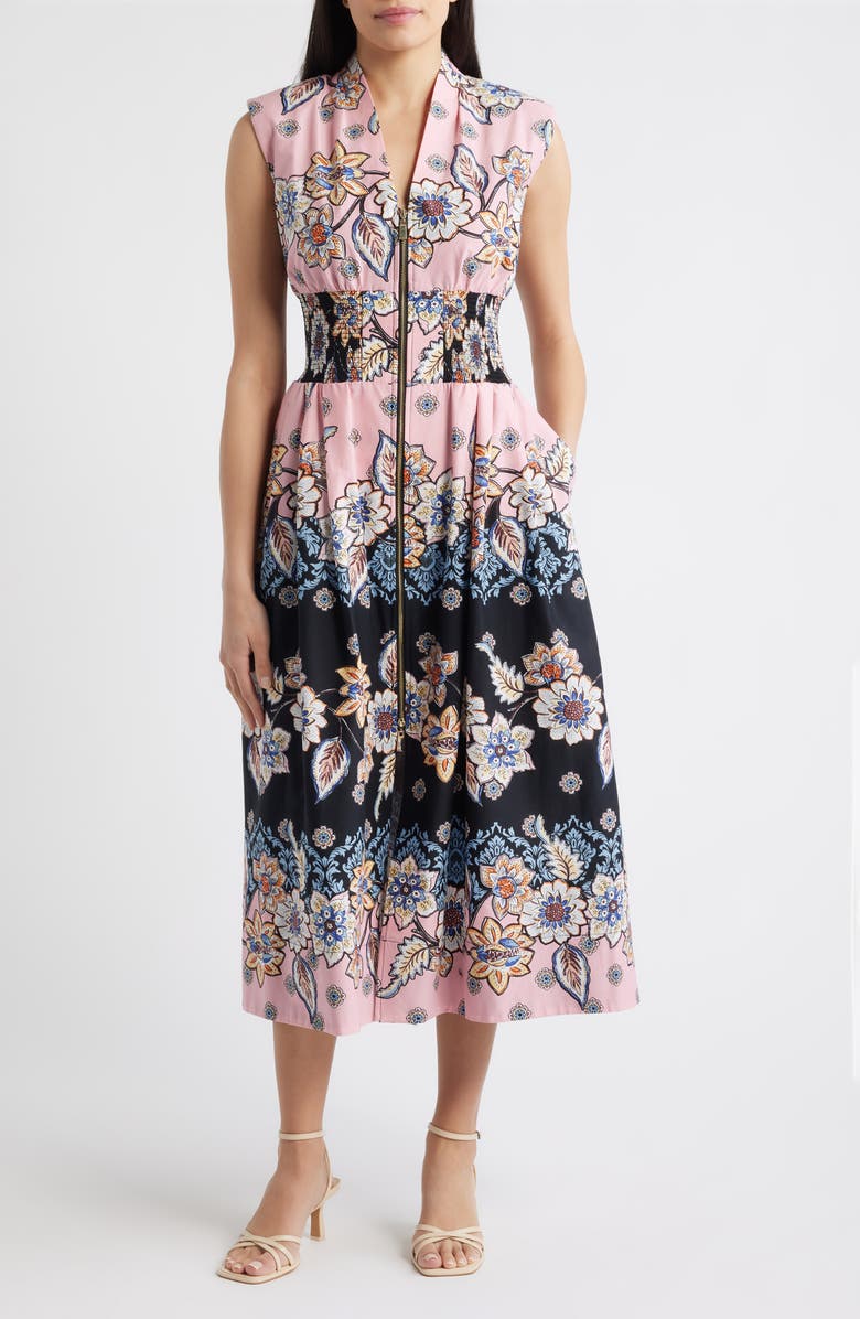 Vince Camuto Smocked Waist Stretch Cotton Midi Dress, Main, color, 