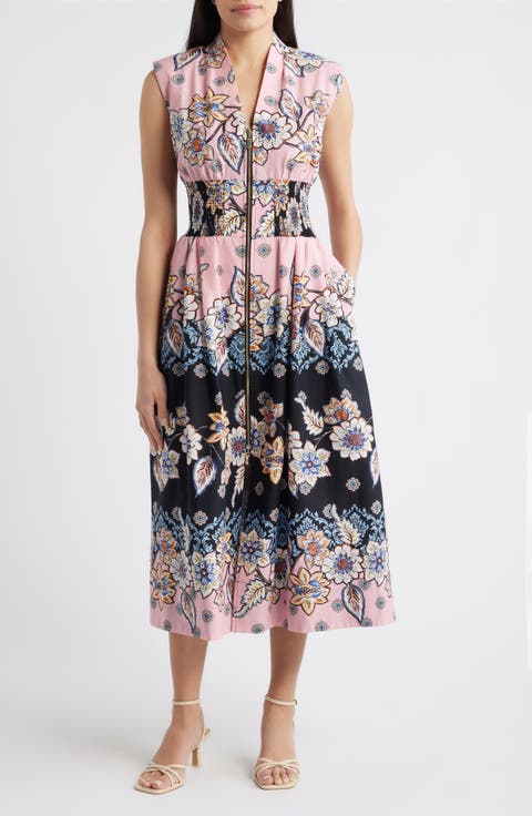 Smocked Waist Stretch Cotton Midi Dress