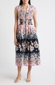Vince Camuto Smocked Waist Stretch Cotton Midi Dress