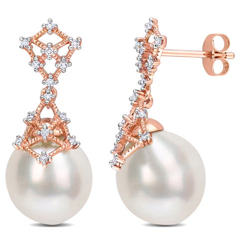 Pearl & Diamond Filigree Drop Earrings 14k