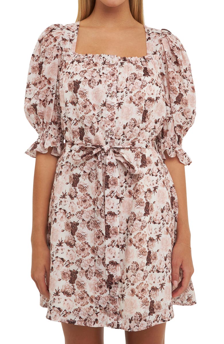 English Factory Floral Puff Sleeve Linen Blend Minidress, Alternate, color, Pink Multi