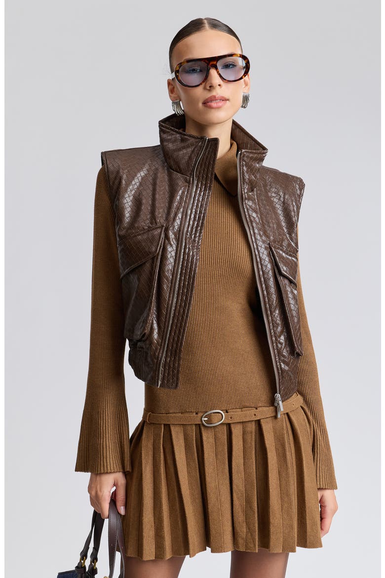 Basket Weave Faux Leather Cropped Puffer Vest, Alternate, color, JAVA